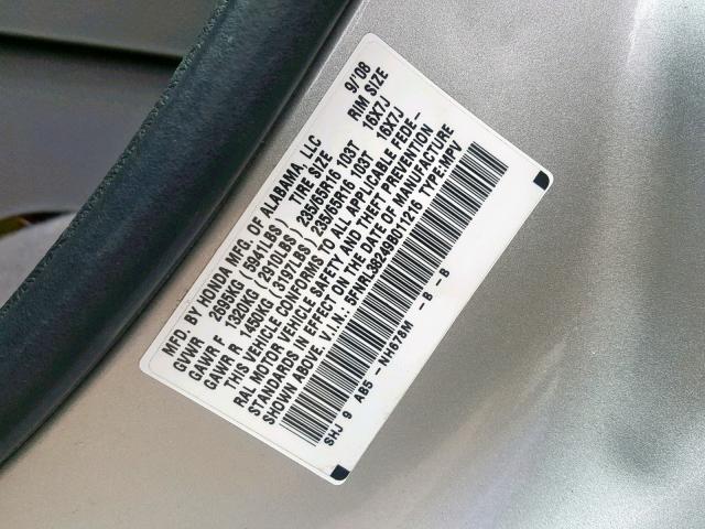 5FNRL38249B011216 - 2009 HONDA ODYSSEY LX SILVER photo 10