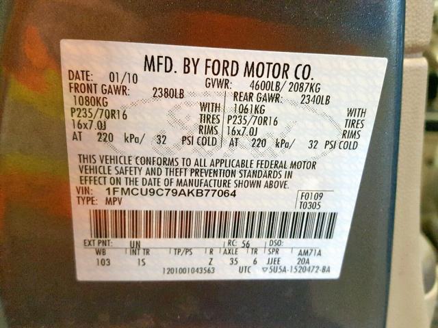 1FMCU9C79AKB77064 - 2010 FORD ESCAPE XLS BLUE photo 10