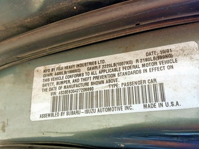 4S3BE635427206890 - 2002 SUBARU LEGACY L GREEN photo 10