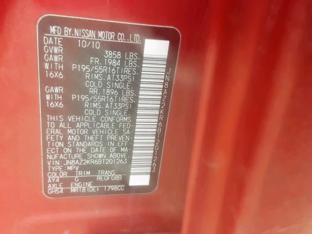 JN8AZ2KR6BT201263 - 2011 NISSAN CUBE BASE RED photo 10