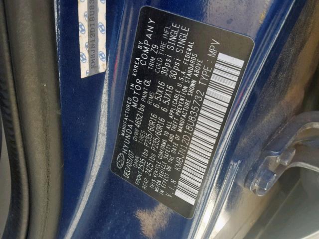 KM8JN12D18U835732 - 2008 HYUNDAI TUCSON SE BLUE photo 10