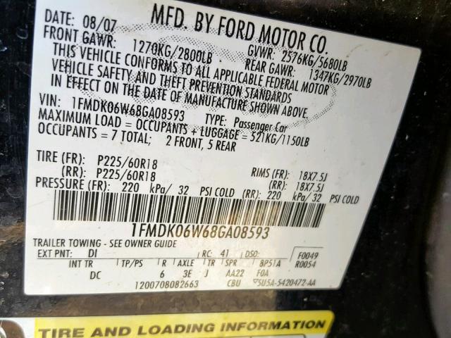 1FMDK06W68GA08593 - 2008 FORD TAURUS X L BLACK photo 10