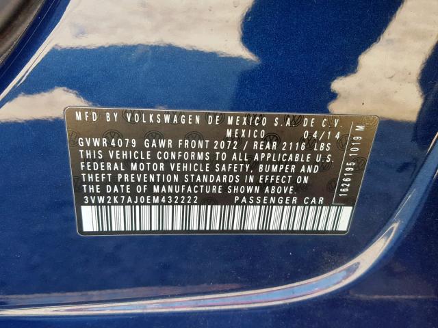 3VW2K7AJ0EM432222 - 2014 VOLKSWAGEN JETTA BASE BLUE photo 10
