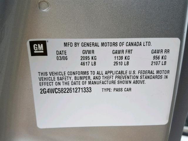 2G4WC582261271333 - 2006 BUICK LACROSSE C SILVER photo 10