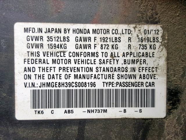 JHMGE8H39CS008196 - 2012 HONDA FIT GRAY photo 10