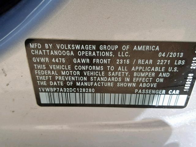 1VWBP7A32DC128280 - 2013 VOLKSWAGEN PASSAT SE SILVER photo 10