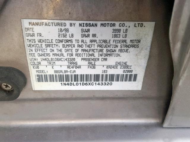 1N4DL01D6XC143320 - 1999 NISSAN ALTIMA XE GRAY photo 10