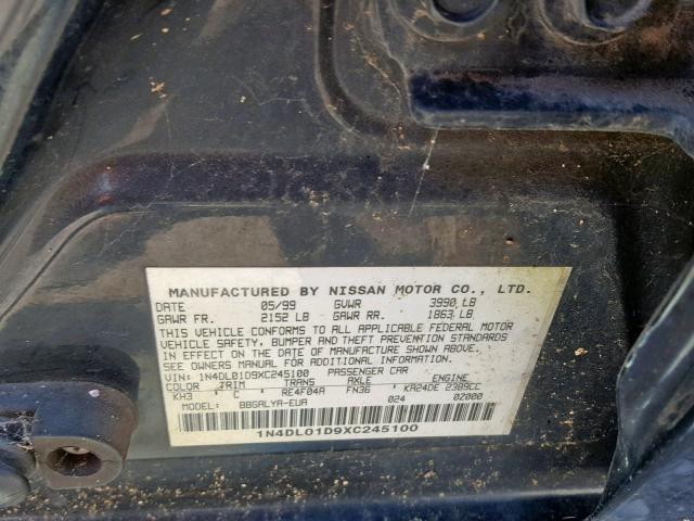 1N4DL01D9XC245100 - 1999 NISSAN ALTIMA XE BLACK photo 10