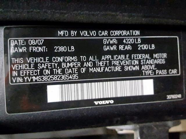 YV1MS382582365495 - 2008 VOLVO S40 2.4I CHARCOAL photo 10