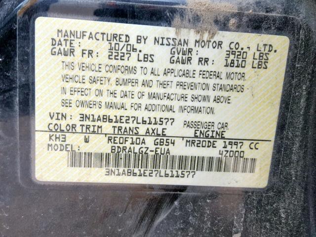 3N1AB61E27L611577 - 2007 NISSAN SENTRA 2.0 BLACK photo 10