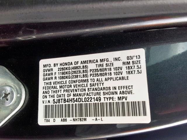 5J8TB4H54DL022149 - 2013 ACURA RDX TECHNO GRAY photo 10