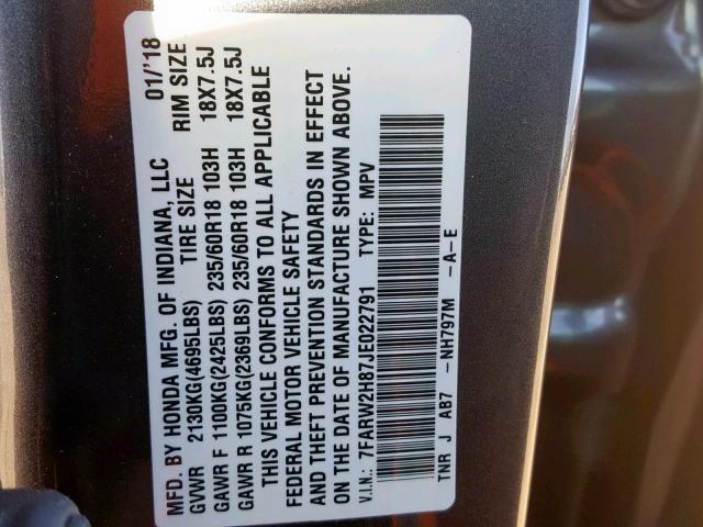 7FARW2H87JE022791 - 2018 HONDA CR-V EXL GRAY photo 10