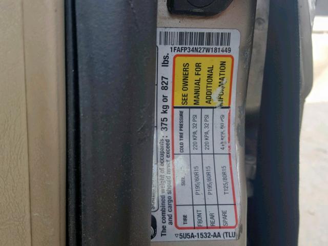 1FAFP34N27W181449 - 2007 FORD FOCUS ZX4 BEIGE photo 10