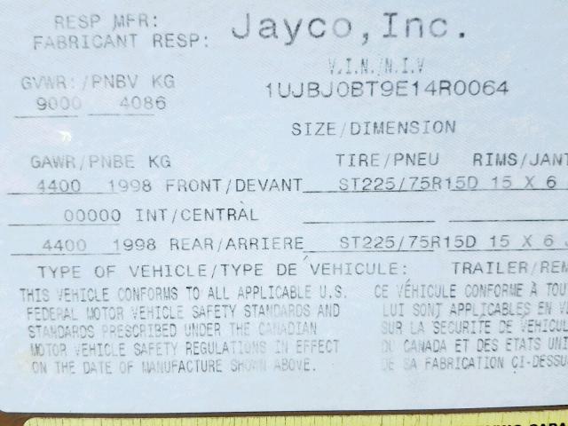 1UJBJ0BT9E14R0064 - 2014 JAYCO WHITE HAWK  WHITE photo 10