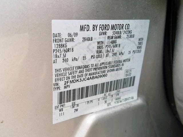 2FMDK3JC4ABA09060 - 2010 FORD EDGE SEL SILVER photo 10