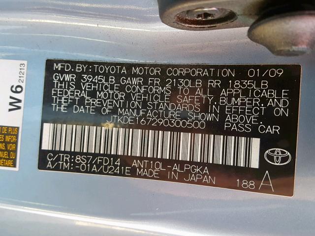 JTKDE167290300500 - 2009 TOYOTA SCION TC BLUE photo 10