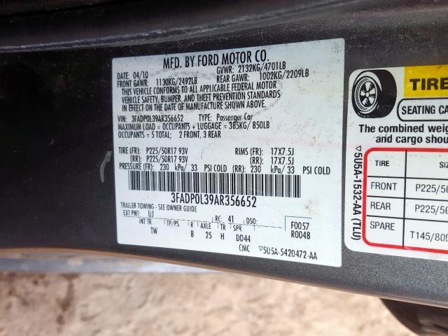 3FADP0L39AR356652 - 2010 FORD FUSION HYBRID  photo 10