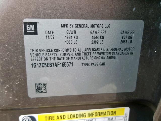 1G1ZC5EB7AF165671 - 2010 CHEVROLET MALIBU 1LT ყავისფერი ფოტო 10