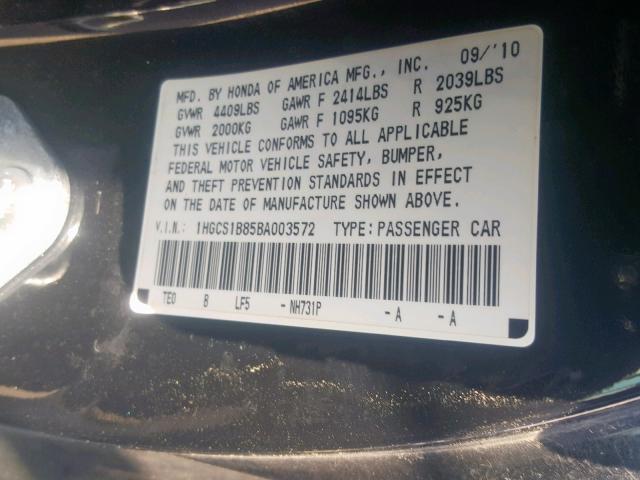 1HGCS1B85BA003572 - 2011 HONDA ACCORD EXL BLACK photo 10