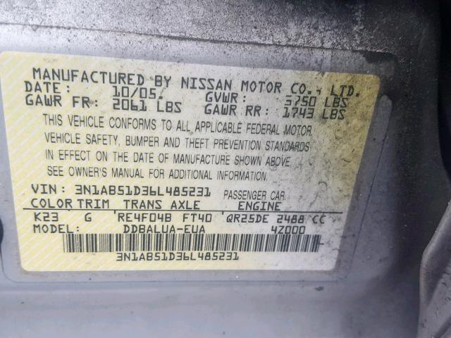 3N1AB51D36L485231 - 2006 NISSAN SENTRA SE- SILVER photo 10