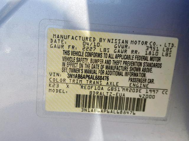 3N1AB6AP6AL688476 - 2010 NISSAN SENTRA 2.0 SILVER photo 10