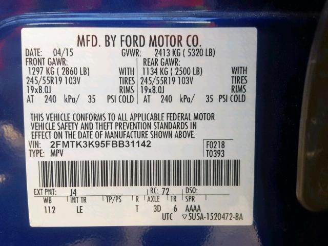 2FMTK3K95FBB31142 - 2015 FORD EDGE TITAN BLUE photo 10