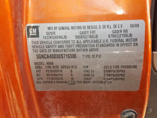 3GNCA43D38S716306 - 2008 CHEVROLET HHR LT ORANGE photo 10