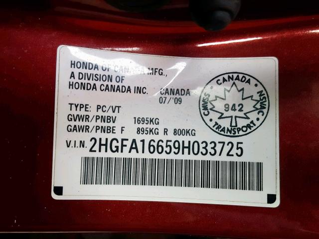 2HGFA16659H033725 - 2009 HONDA CIVIC LX-S RED photo 10