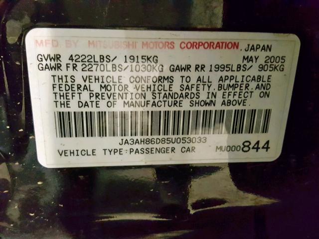 JA3AH86D85U053033 - 2005 MITSUBISHI LANCER EVO BLACK photo 10