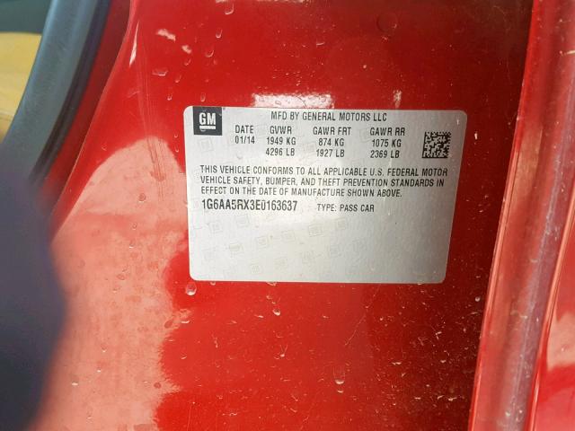 1G6AA5RX3E0163637 - 2014 CADILLAC ATS RED photo 10