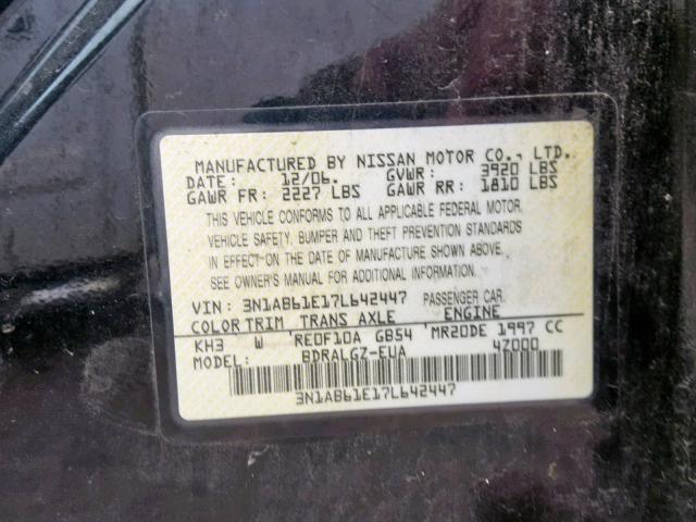 3N1AB61E17L642447 - 2007 NISSAN SENTRA 2.0 BLACK photo 10