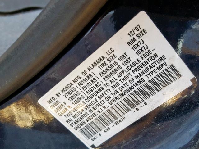 5FNRL38208B018369 - 2008 HONDA ODYSSEY LX BLUE photo 10