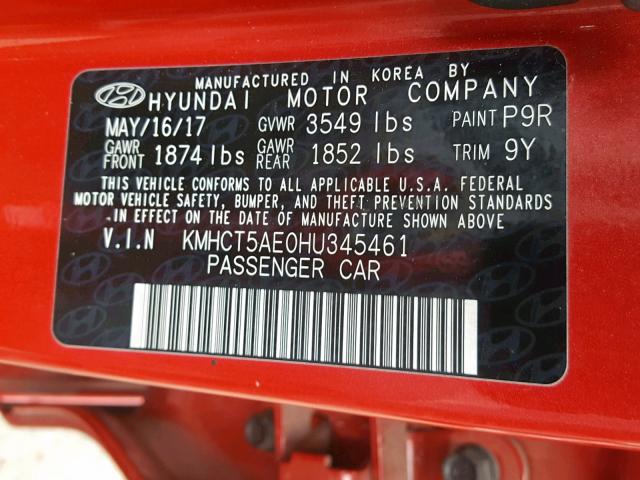 KMHCT5AE0HU345461 - 2017 HYUNDAI ACCENT SE RED photo 10