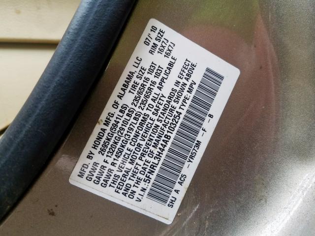 5FNRL3H44AB103254 - 2010 HONDA ODYSSEY EX  photo 10