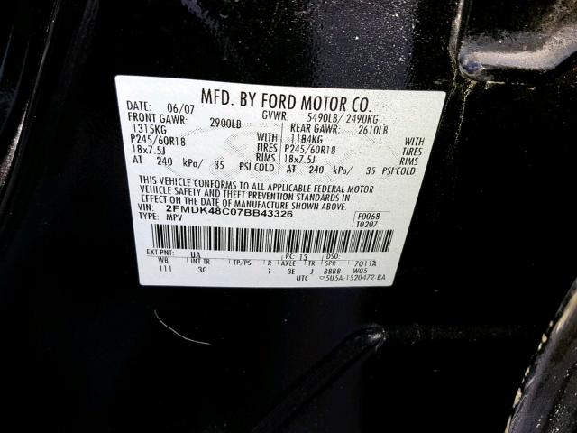 2FMDK48C07BB43326 - 2007 FORD EDGE SEL BLACK photo 10