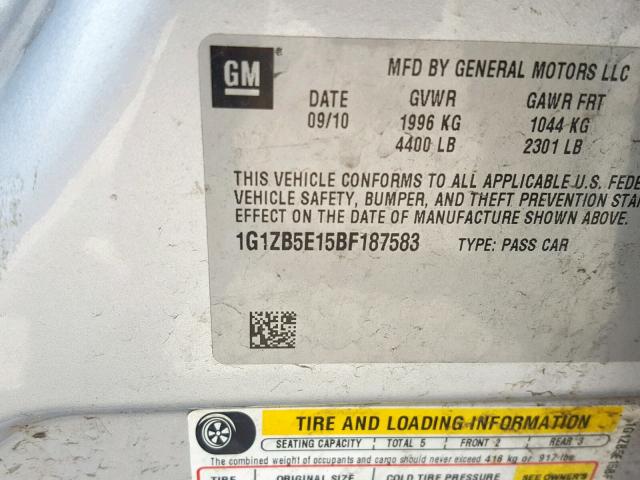 1G1ZB5E15BF187583 - 2011 CHEVROLET MALIBU LS SILVER photo 10