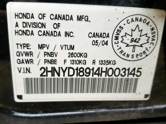 2HNYD18914H003145 - 2004 ACURA MDX TOURIN BLACK photo 10