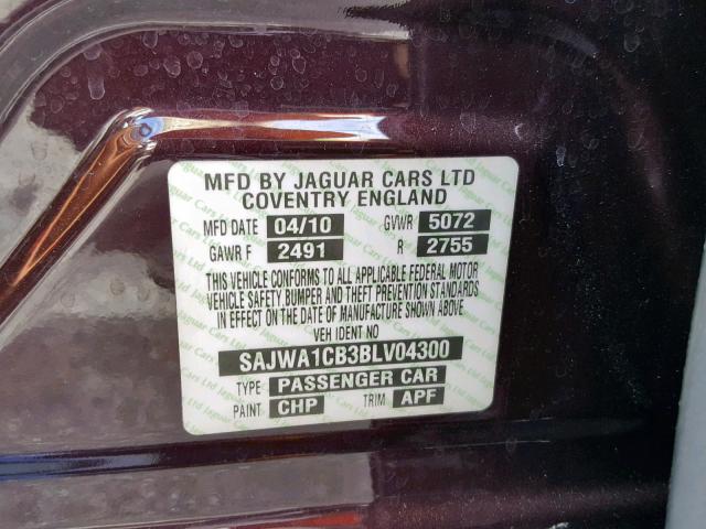 SAJWA1CB3BLV04300 - 2011 JAGUAR XJ BASE MAROON photo 10