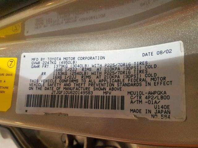 JTJGF10U620149583 - 2002 LEXUS RX 300 GOLD photo 10