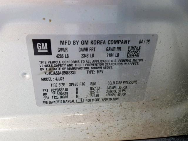 KL4CJASB4JB685330 - 2018 BUICK ENCORE PRE GRAY photo 10