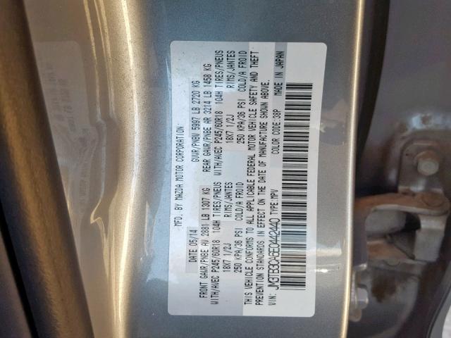 JM3TB3CA6E0442440 - 2014 MAZDA CX-9 TOURI SILVER photo 10