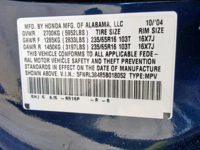 5FNRL38485B018052 - 2005 HONDA ODYSSEY EX BLUE photo 10