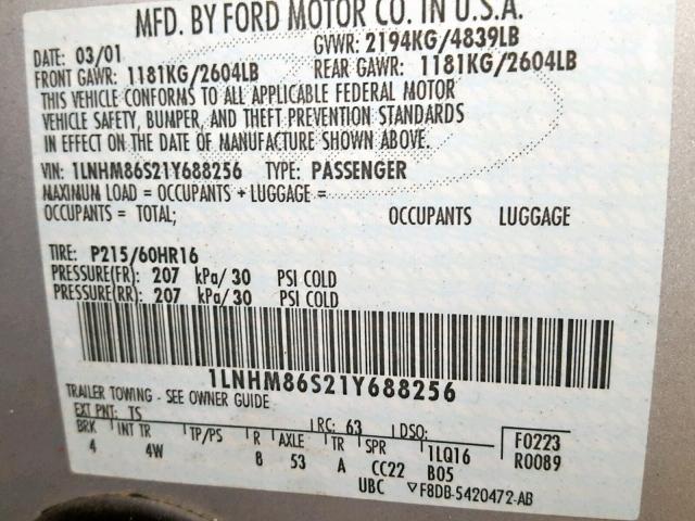 1LNHM86S21Y688256 - 2001 LINCOLN LS ვერცხლისფერი ფოტო 10