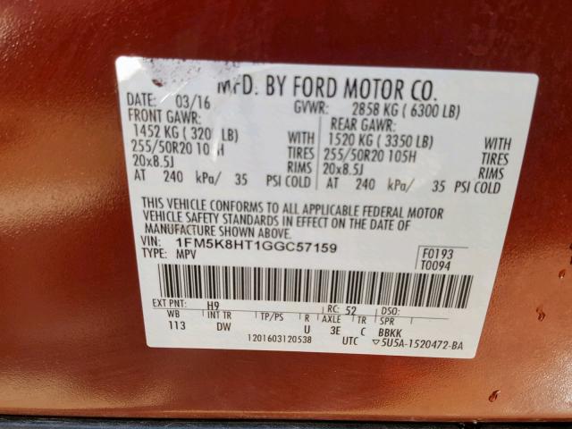 1FM5K8HT1GGC57159 - 2016 FORD EXPLORER P BROWN photo 10