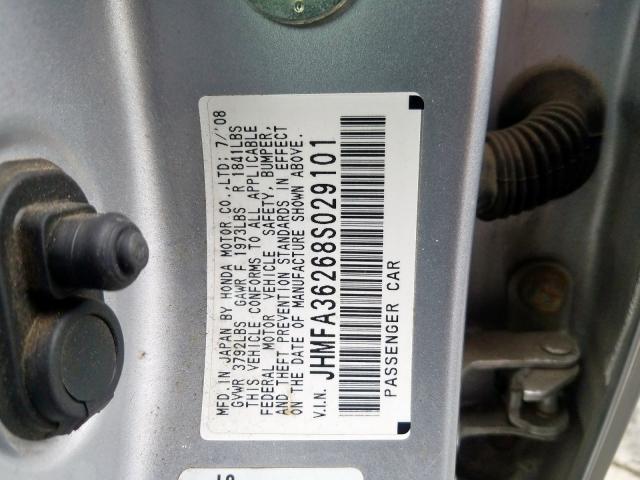 JHMFA36268S029101 - 2008 HONDA CIVIC HYBRID  photo 10