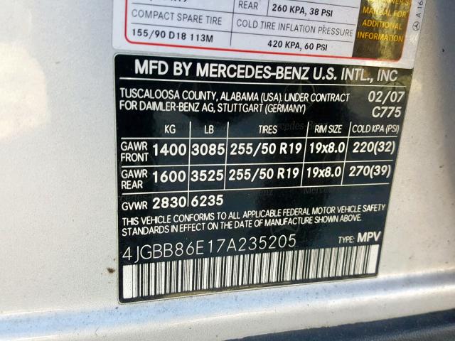 4JGBB86E17A235205 - 2007 MERCEDES-BENZ ML 350 SILVER photo 10