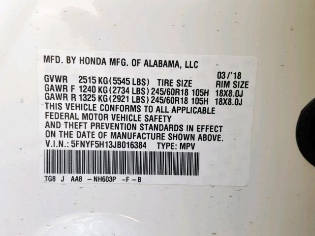 5FNYF5H13JB016384 - 2018 HONDA PILOT LX WHITE photo 10