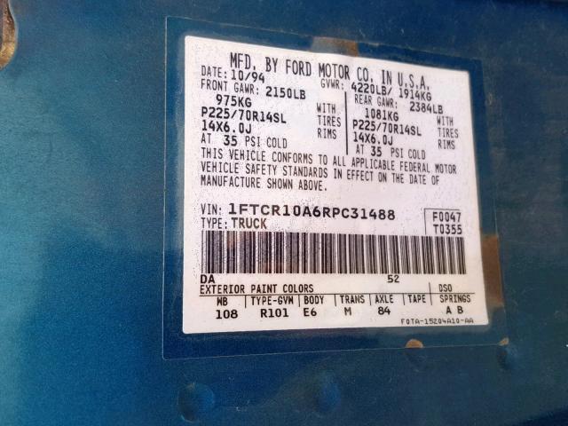 1FTCR10A6RPC31488 - 1994 FORD RANGER TURQUOISE photo 10