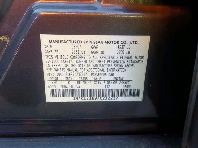 1N4CL21E97C232217 - 2007 NISSAN ALTIMA HYB GRAY photo 10