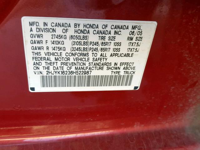 2HJYK16236H522987 - 2006 HONDA RIDGELINE MAROON photo 10